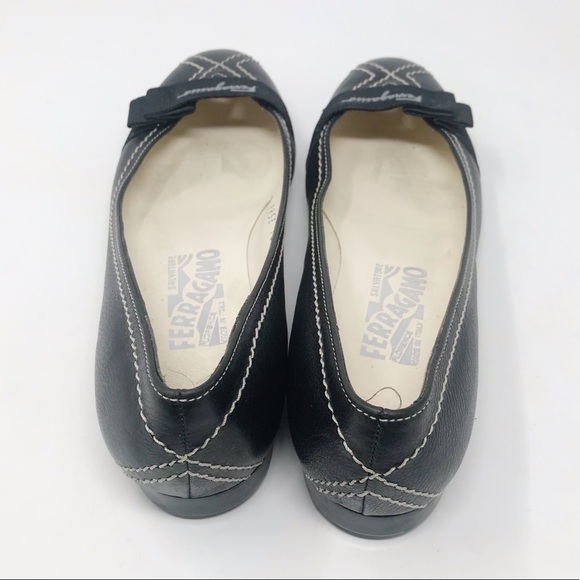 Ferragamo Black Ballet Flats Bow Stitching 6 B 6B - Picture 7 of 13